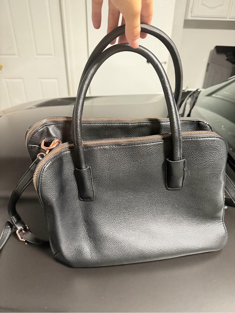 Black Pebbled Satchel Handbag Rose Gold Hardware Crossbody